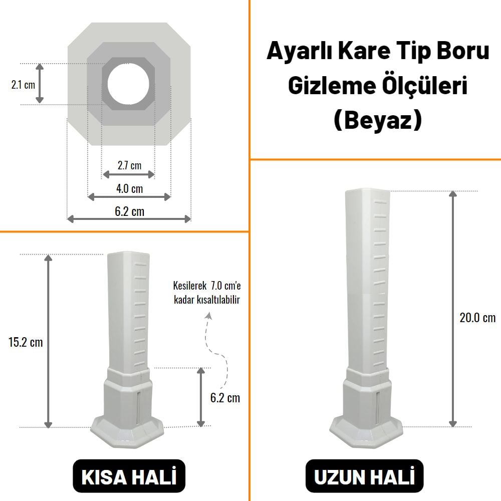 Uzun Tekli Kare Uzun Boru Gizleme Beyaz